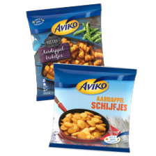 Aviko aardappelschijfjes,
puree, gekruide partjes,
dobbelsteentjes, rösti
of kroketjes